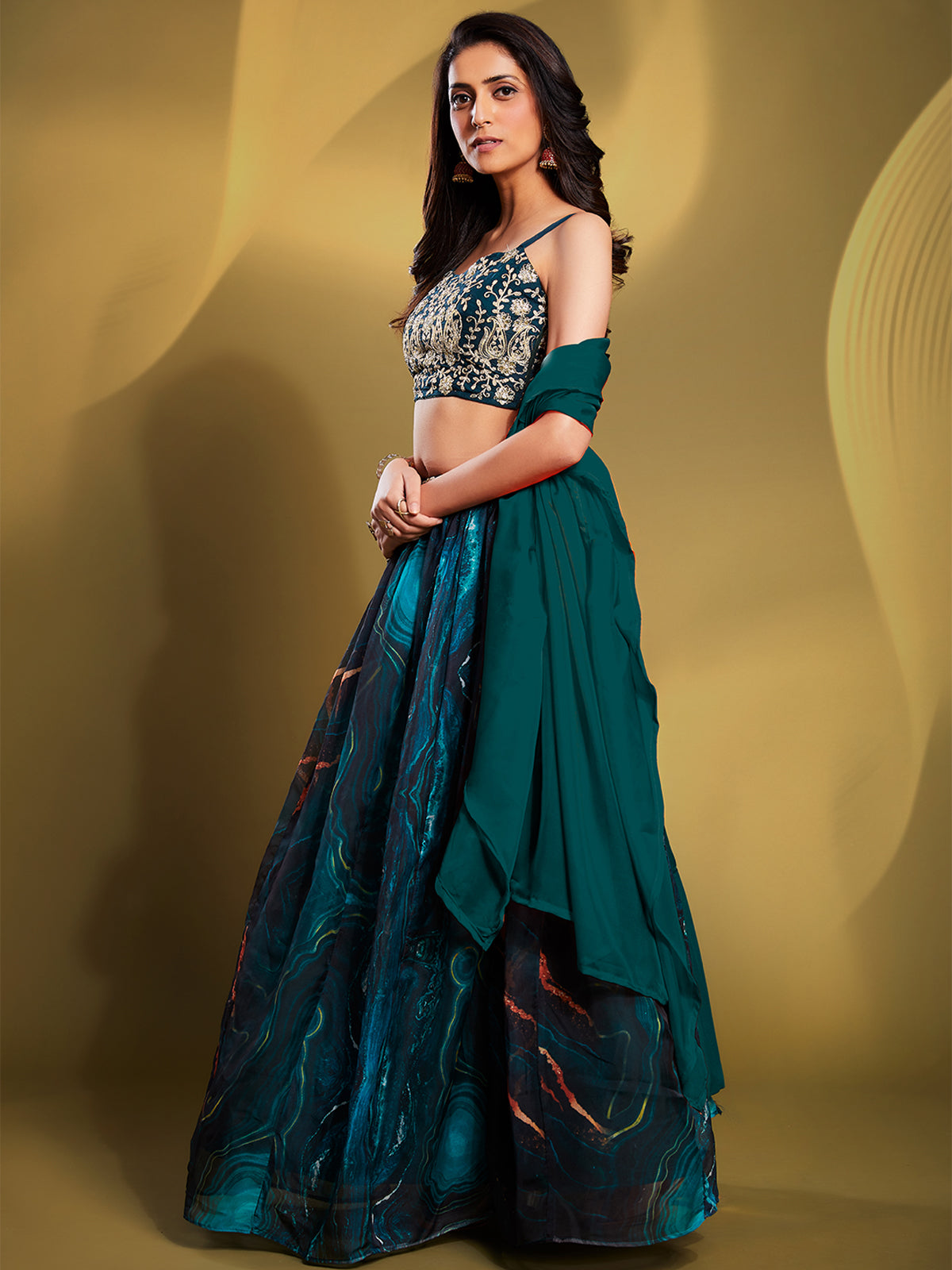 Odette Women Teal Organza Printed Semi Stitched Lehenga Choli