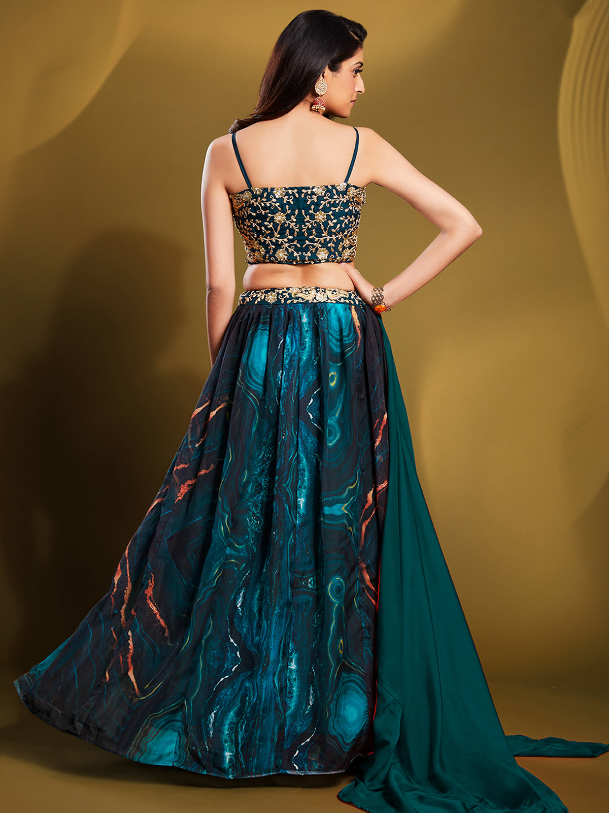 Odette Women Teal Organza Printed Semi Stitched Lehenga Choli