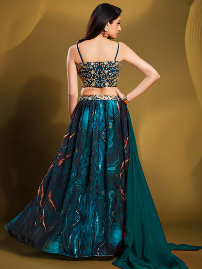 Odette Women Teal Organza Printed Semi Stitched Lehenga Choli