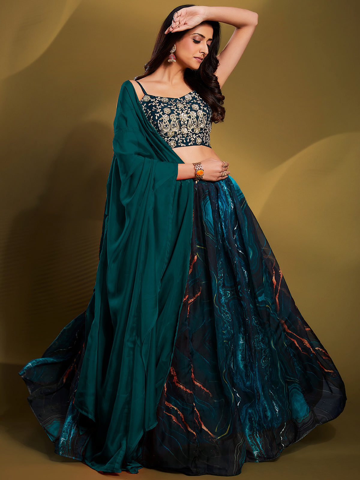 Odette Women Teal Organza Printed Semi Stitched Lehenga Choli