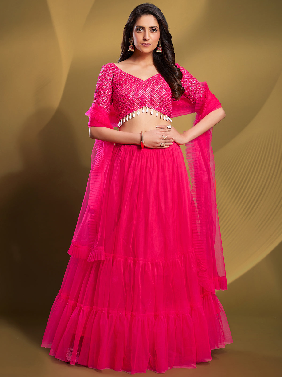 Odette Women Pink Soft Net Solid Semi Stitched Lehenga Choli
