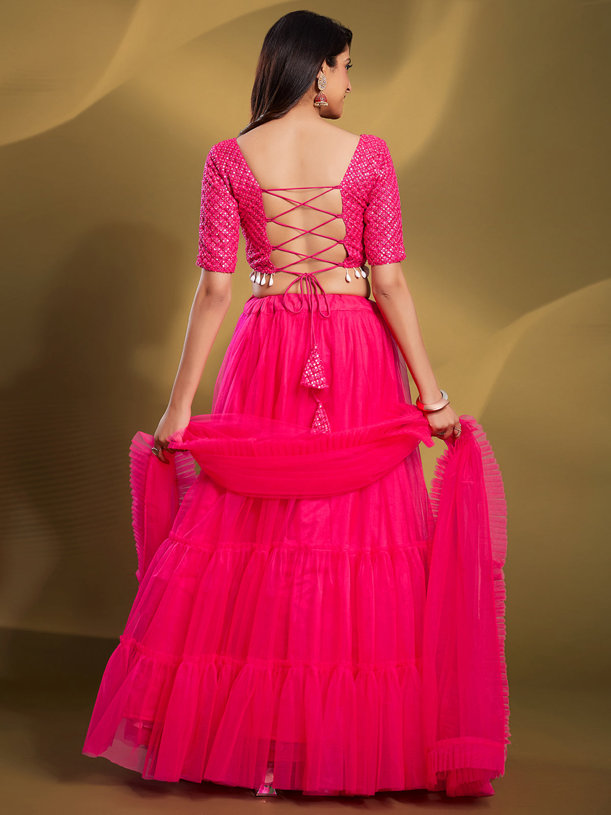 Odette Women Pink Soft Net Solid Semi Stitched Lehenga Choli