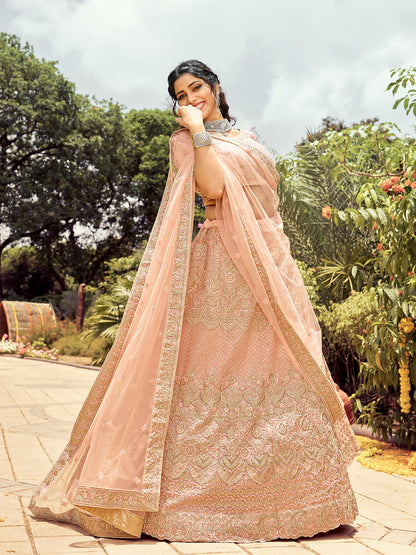 Odette Women Soft Net Peach Semi Stitched Lehenga Choli