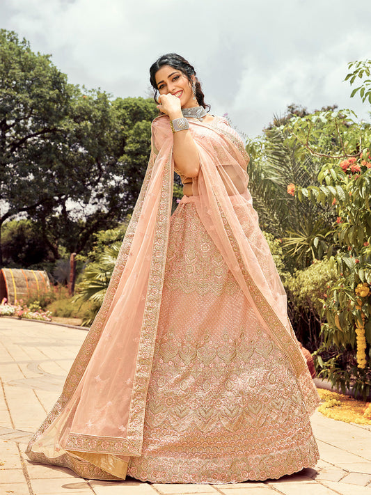 Odette Women Soft Net Peach Semi Stitched Lehenga Choli