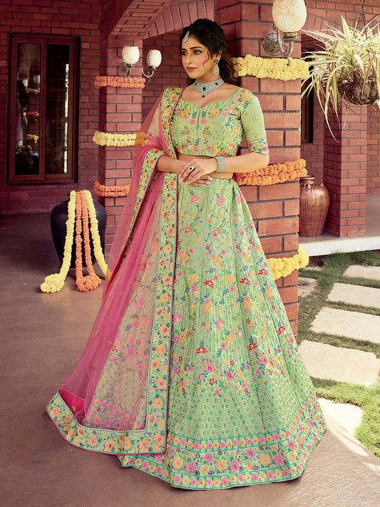 Odette Women Semi Stitched Green Raw Silk Lehenga Choli