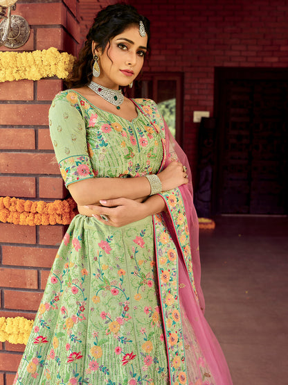 Odette Women Semi Stitched Green Raw Silk Lehenga Choli