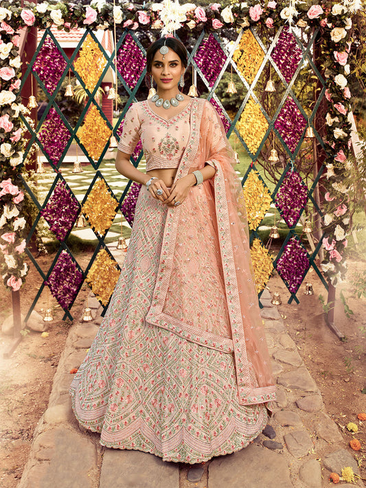 Odette Women Peach Elegant Semi Stitched Lehenga With Unstitched Blouse