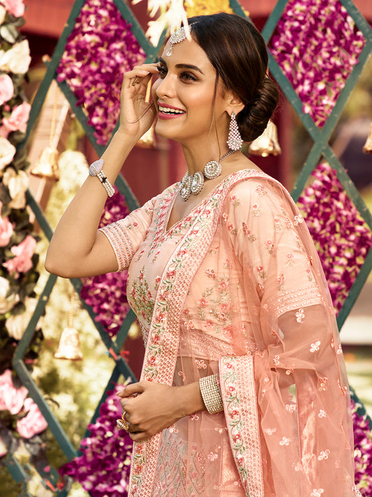 Odette Women Peach Elegant Semi Stitched Lehenga With Unstitched Blouse