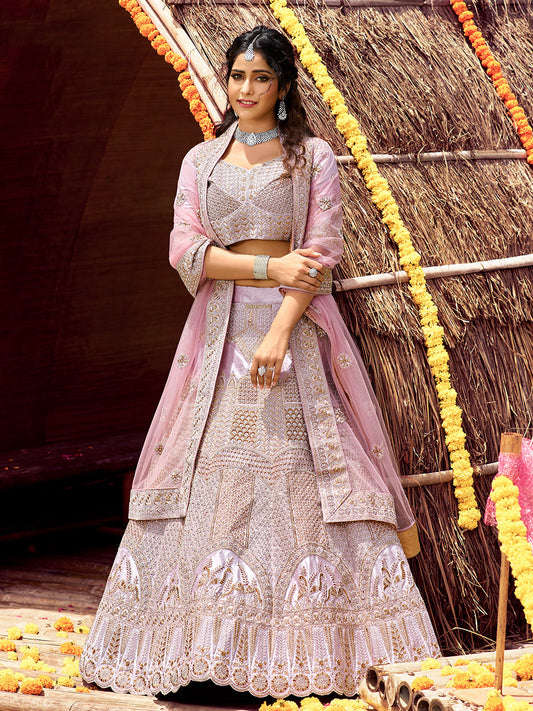 Odette Women Classy Pink Soft Net Semi Stitched Lehenga With Unstitched Blouse