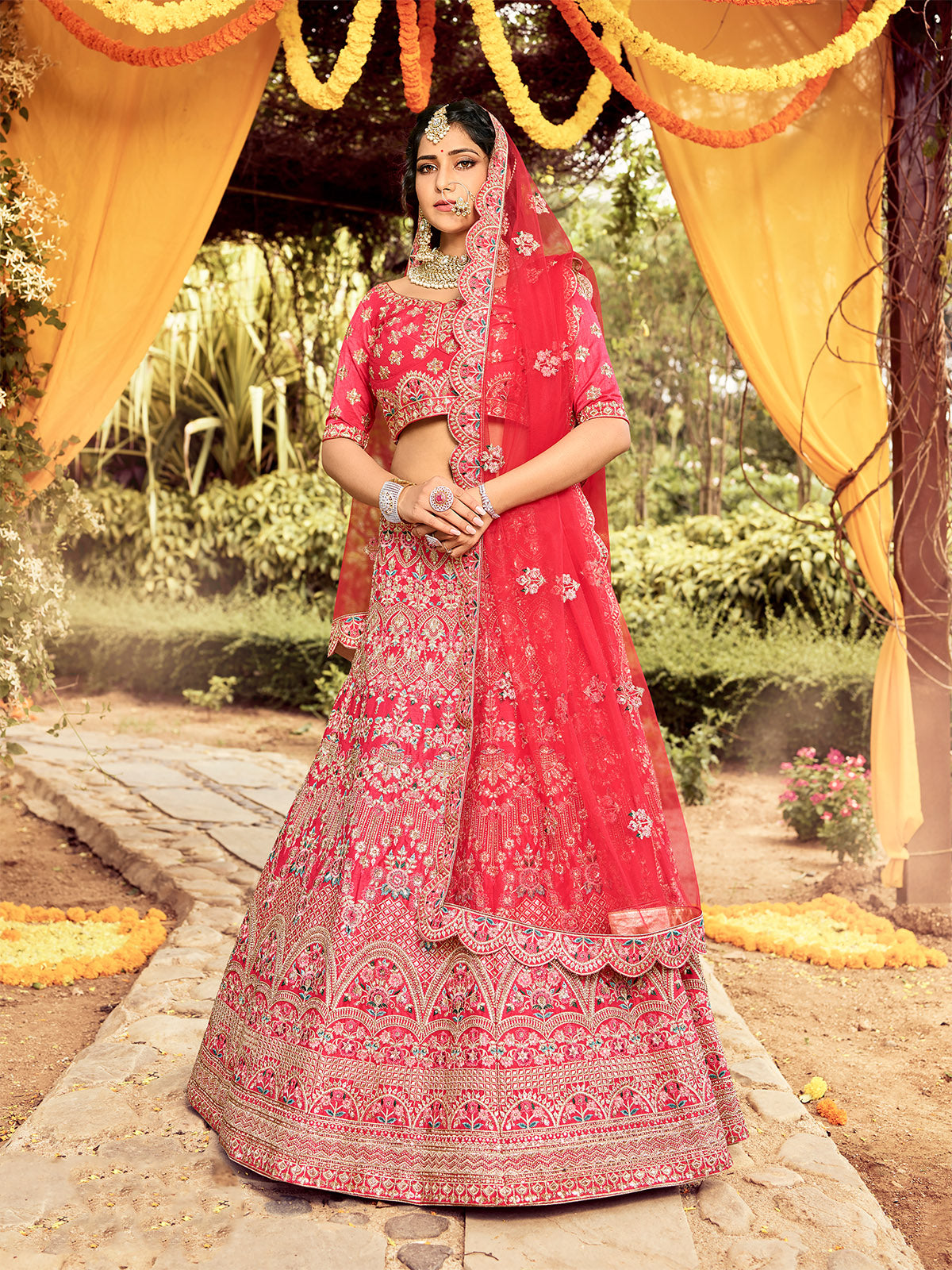 Odette Women Fancy Red Semi Stitched Semi Stitched Lehenga With Unstitched Blouse