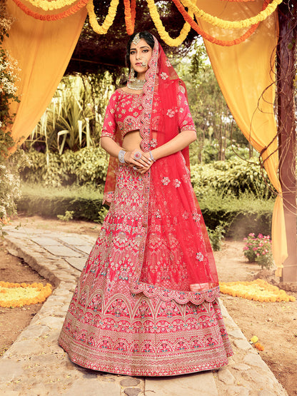 Odette Women Fancy Red Semi Stitched Semi Stitched Lehenga With Unstitched Blouse