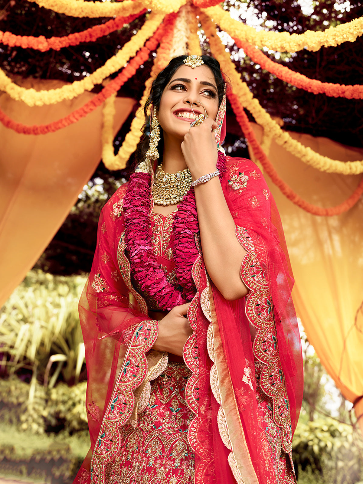 Odette Women Fancy Red Semi Stitched Semi Stitched Lehenga With Unstitched Blouse