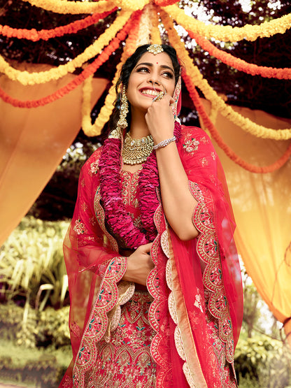 Odette Women Fancy Red Semi Stitched Semi Stitched Lehenga With Unstitched Blouse