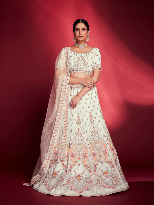 Odette Women Stunning White Georgette Embroidered Semi Stitched Lehenga Choli
