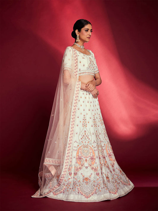 Odette Women Stunning White Georgette Embroidered Semi Stitched Lehenga Choli