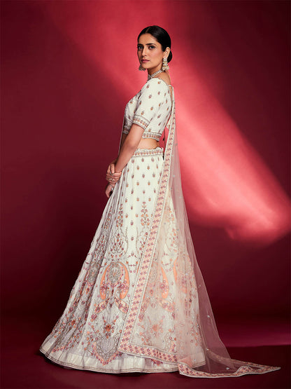 Odette Women Stunning White Georgette Embroidered Semi Stitched Lehenga Choli