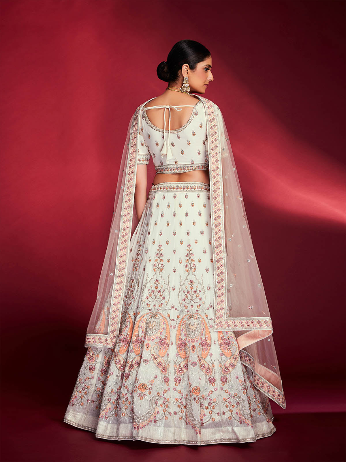 Odette Women Stunning White Georgette Embroidered Semi Stitched Lehenga Choli