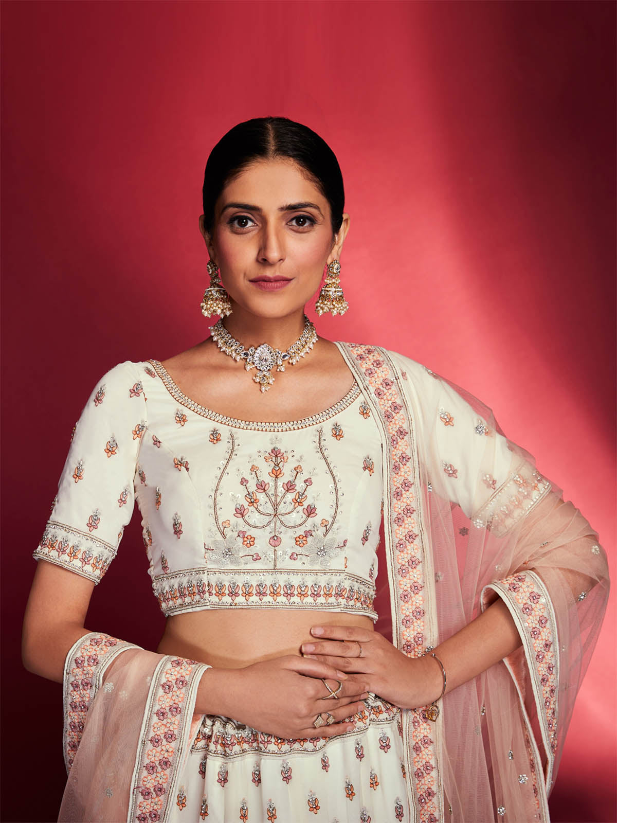 Odette Women Stunning White Georgette Embroidered Semi Stitched Lehenga Choli