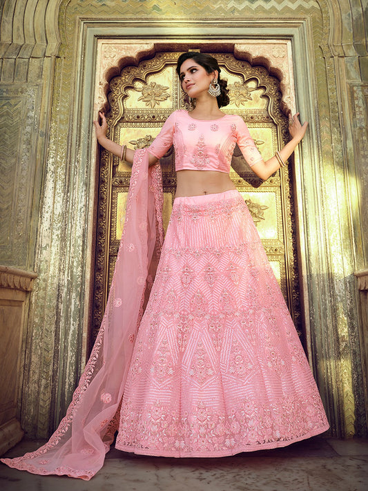 Odette Women Pink Embroidered Soft Net Semi Stitched Lehenga With Unstitched Blouse