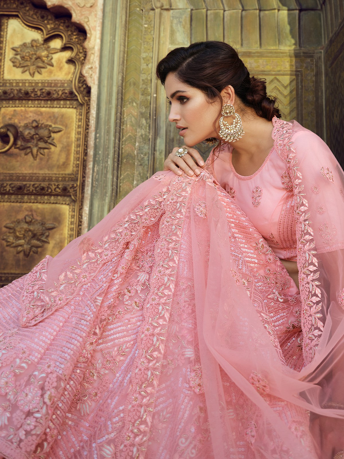Odette Women Pink Embroidered Soft Net Semi Stitched Lehenga With Unstitched Blouse