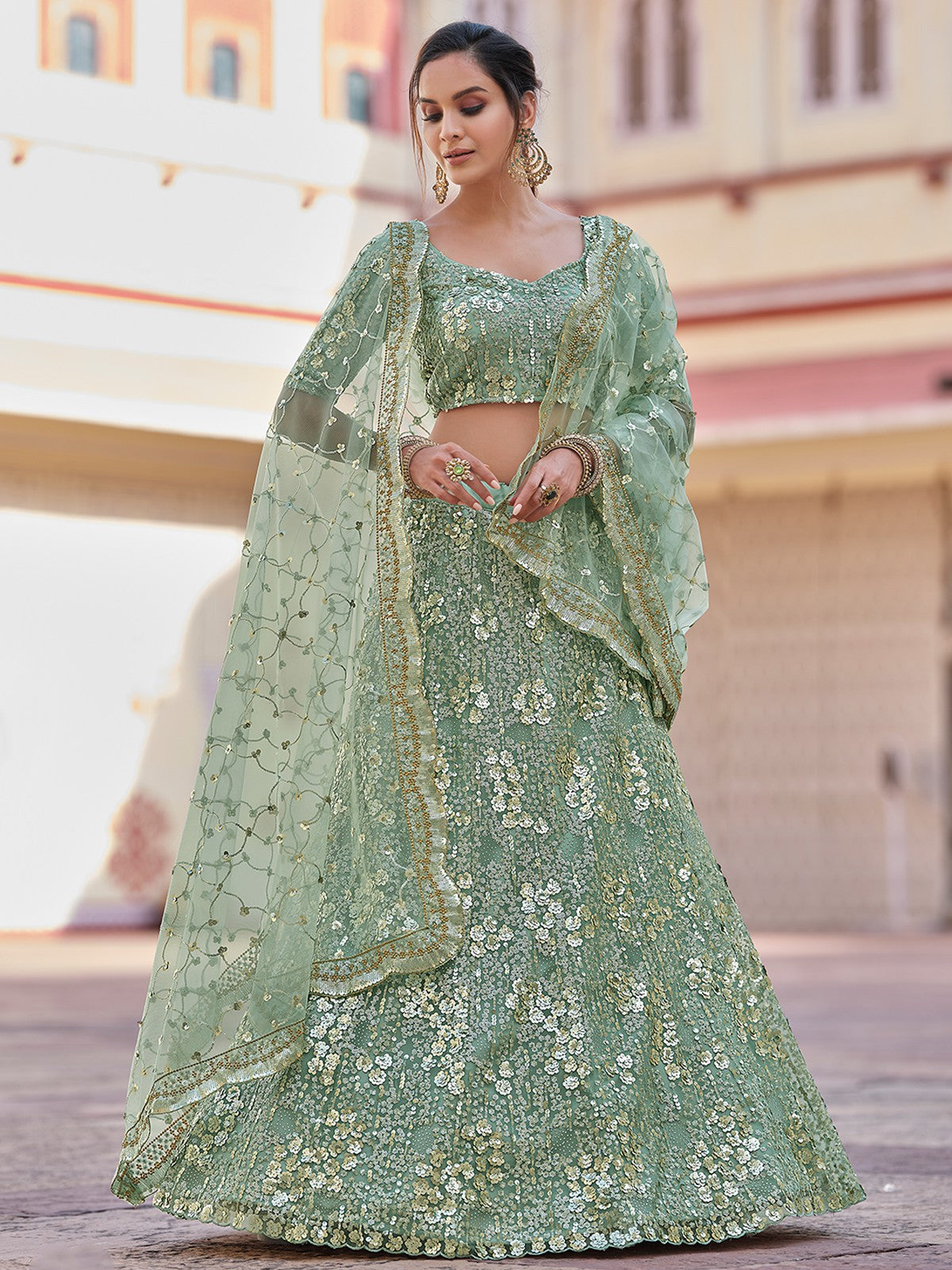 Odette Women Green Embroidered Semi Stitched Lehenga With Unstitched Blouse