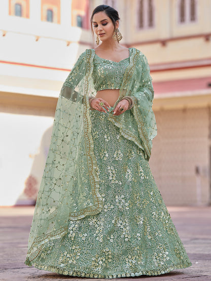 Odette Women Green Embroidered Semi Stitched Lehenga With Unstitched Blouse