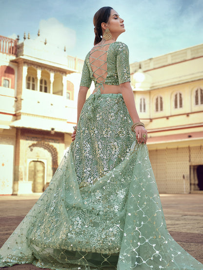 Odette Women Green Embroidered Semi Stitched Lehenga With Unstitched Blouse