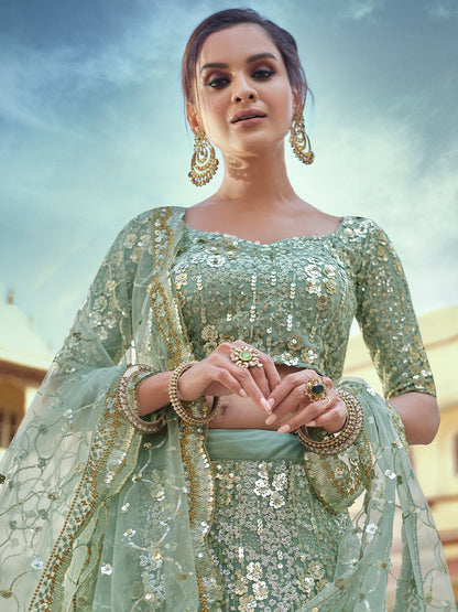 Odette Women Green Embroidered Semi Stitched Lehenga With Unstitched Blouse