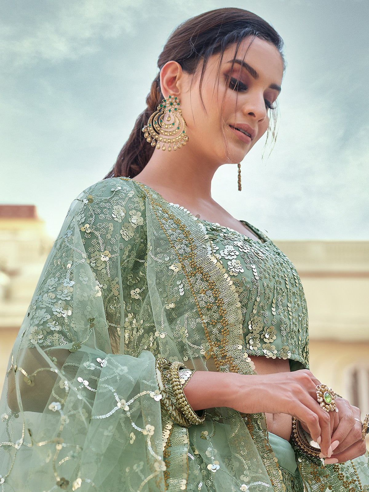 Odette Women Green Embroidered Semi Stitched Lehenga With Unstitched Blouse