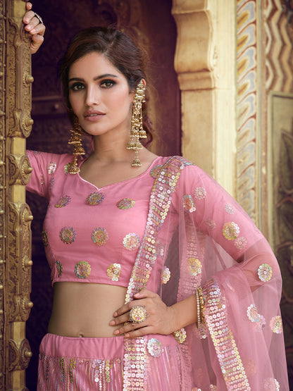 Odette Women Pink Sequins Semi Stitched Lehenga With Unstitched Blouse