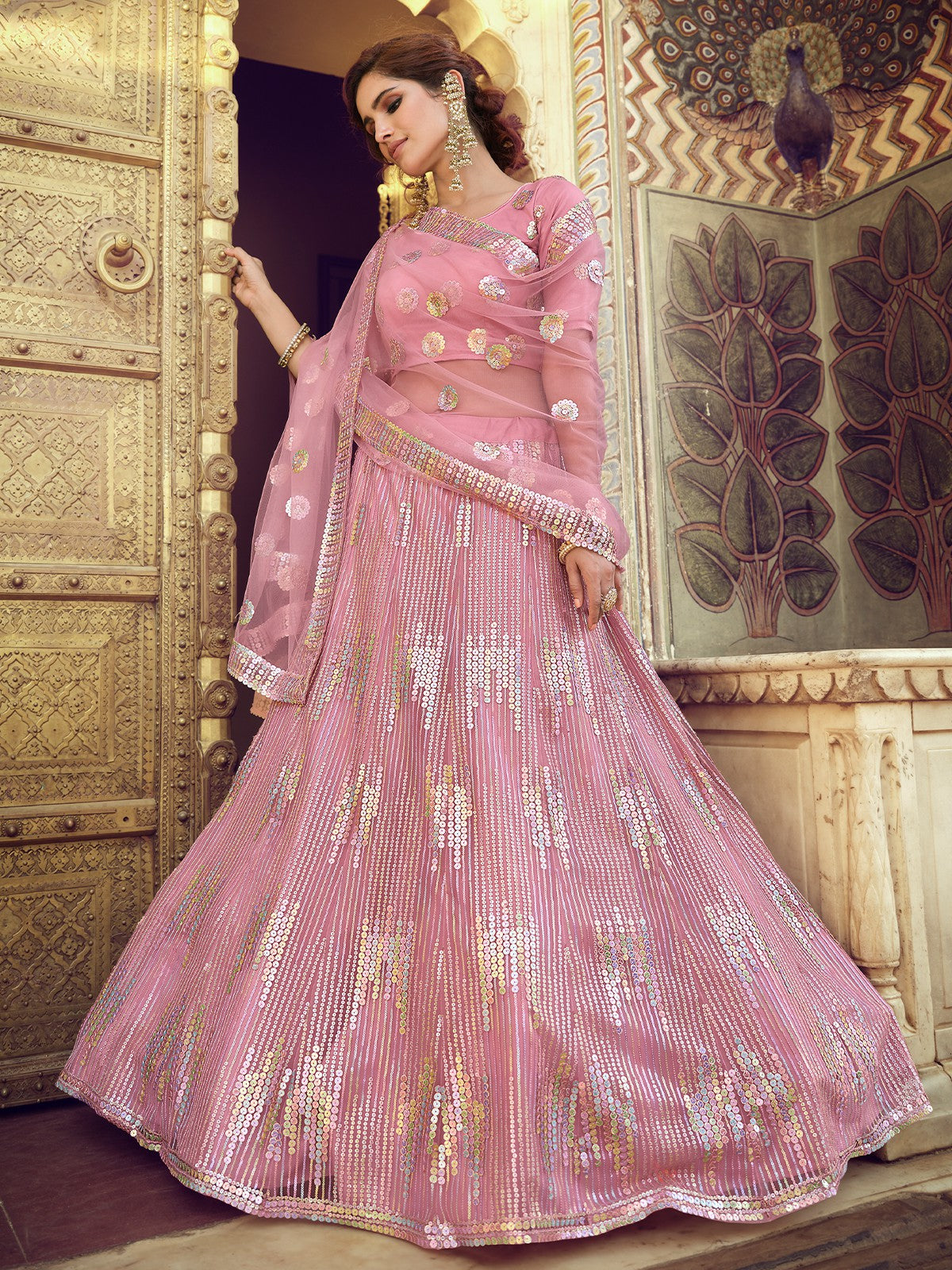 Odette Women Pink Sequins Semi Stitched Lehenga With Unstitched Blouse