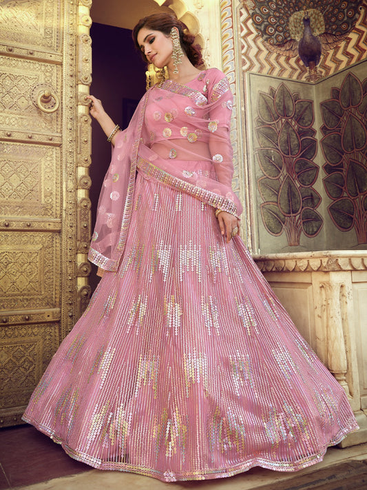 Odette Women Pink Sequins Semi Stitched Lehenga With Unstitched Blouse
