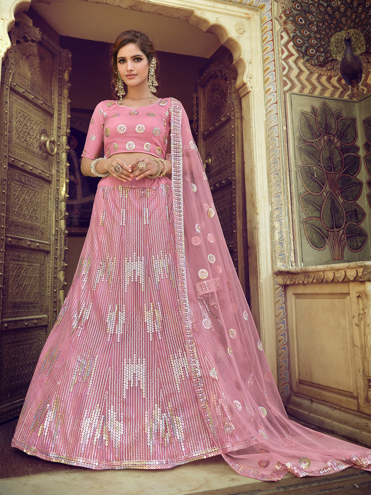 Odette Women Pink Sequins Semi Stitched Lehenga With Unstitched Blouse