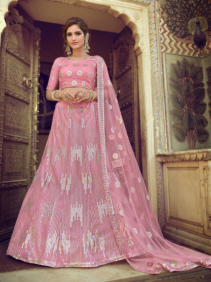 Odette Women Pink Sequins Semi Stitched Lehenga With Unstitched Blouse