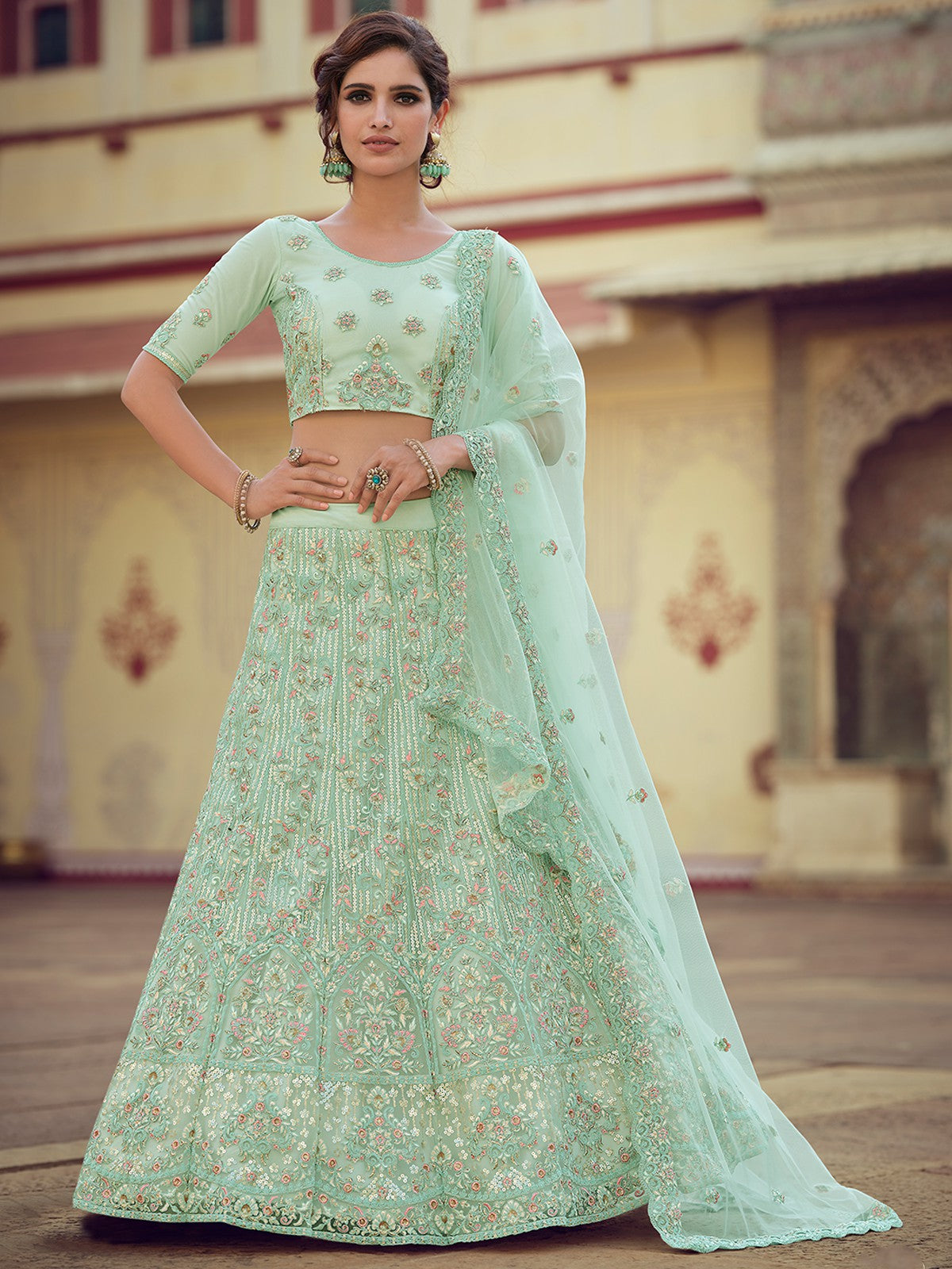 Odette Women Green Embroidered Soft Net Semi Stitched Lehenga With Unstitched Blouse