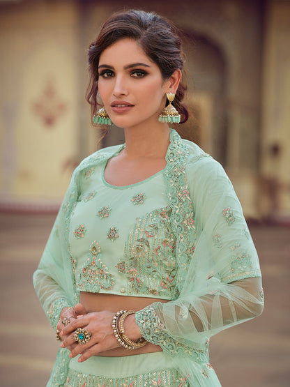 Odette Women Green Embroidered Soft Net Semi Stitched Lehenga With Unstitched Blouse