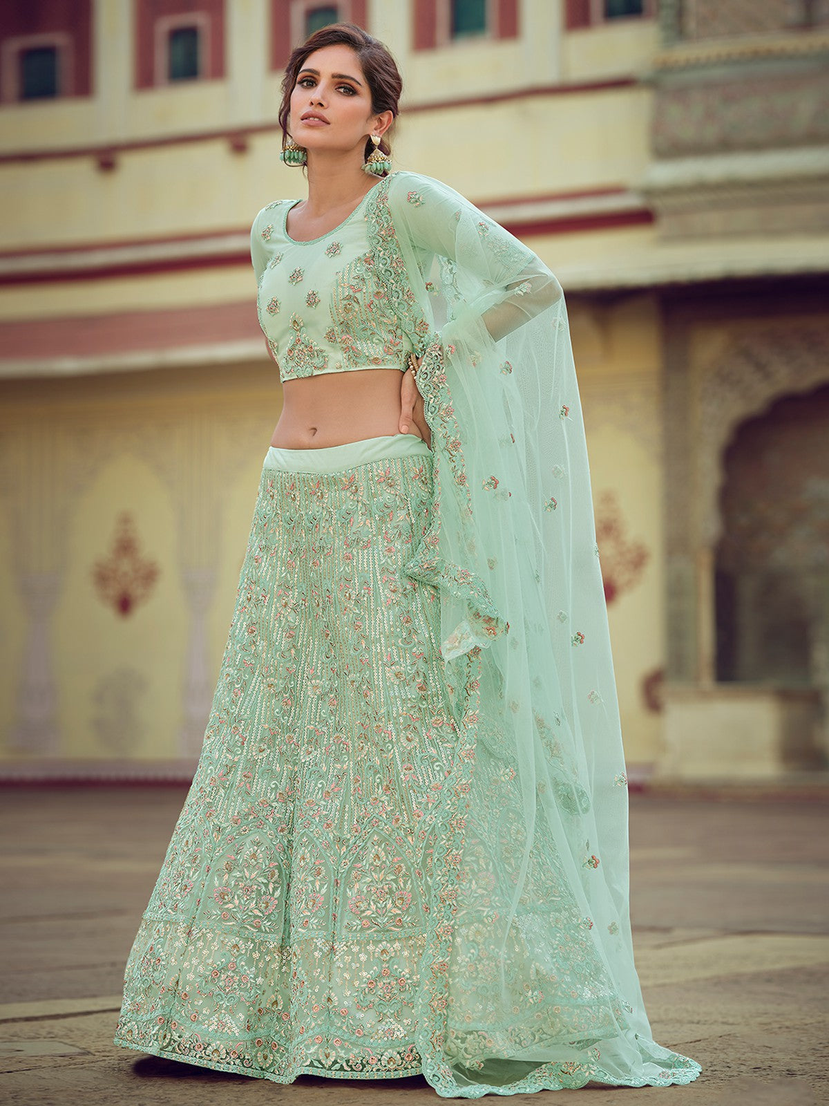 Odette Women Green Embroidered Soft Net Semi Stitched Lehenga With Unstitched Blouse