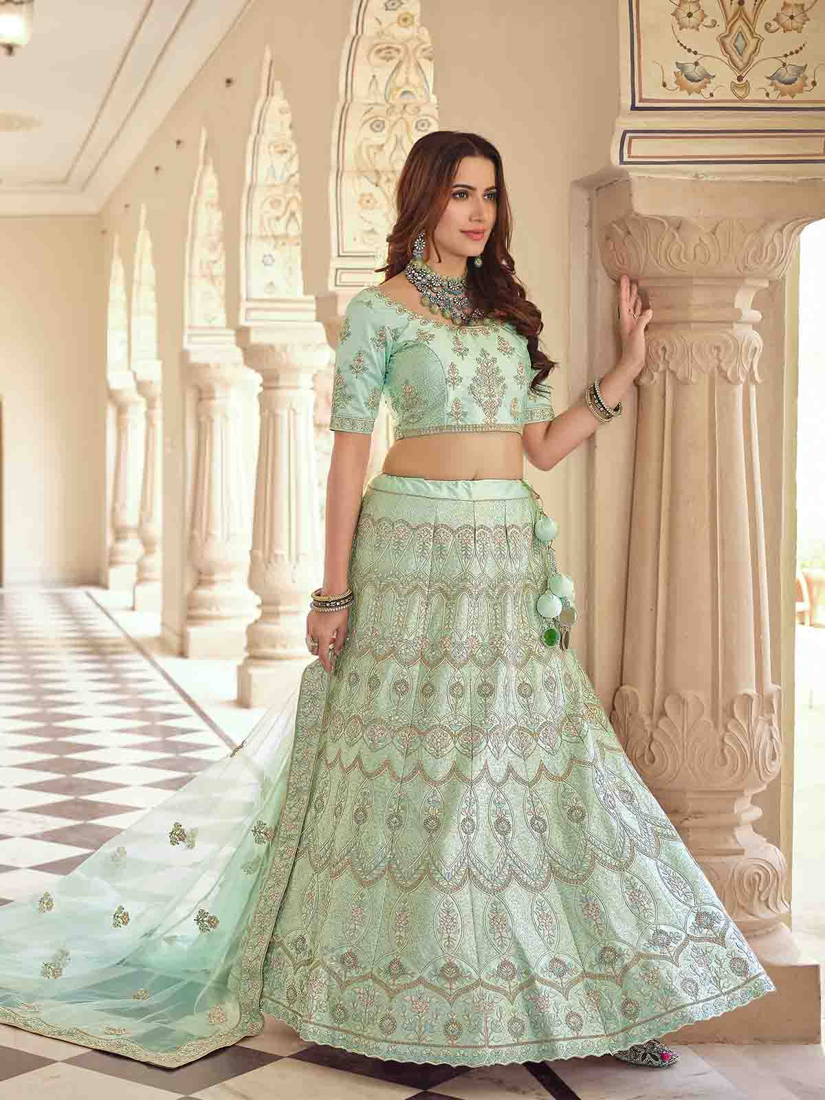 Odette Women Green Embroidered Crepe Semi Stitched Lehenga With Unstitched Blouse