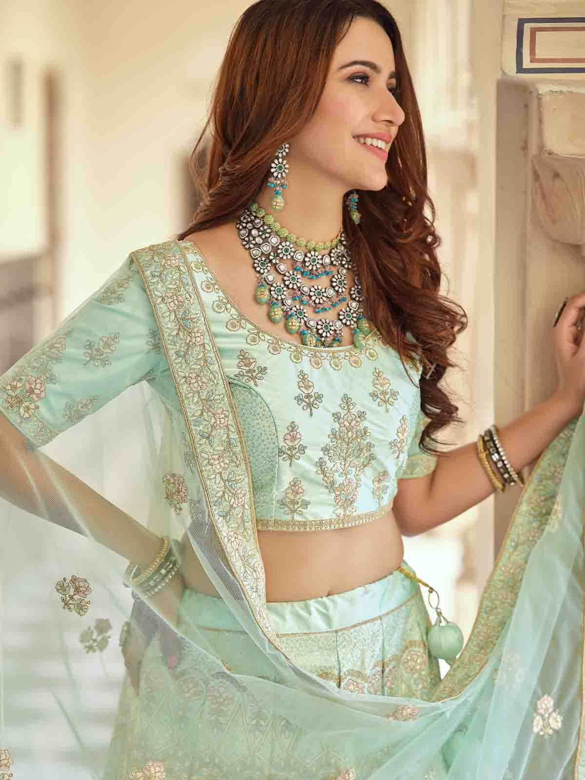 Odette Women Green Embroidered Crepe Semi Stitched Lehenga With Unstitched Blouse