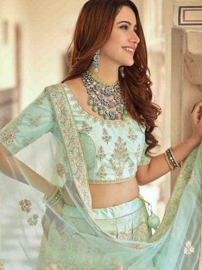 Odette Women Green Embroidered Crepe Semi Stitched Lehenga With Unstitched Blouse