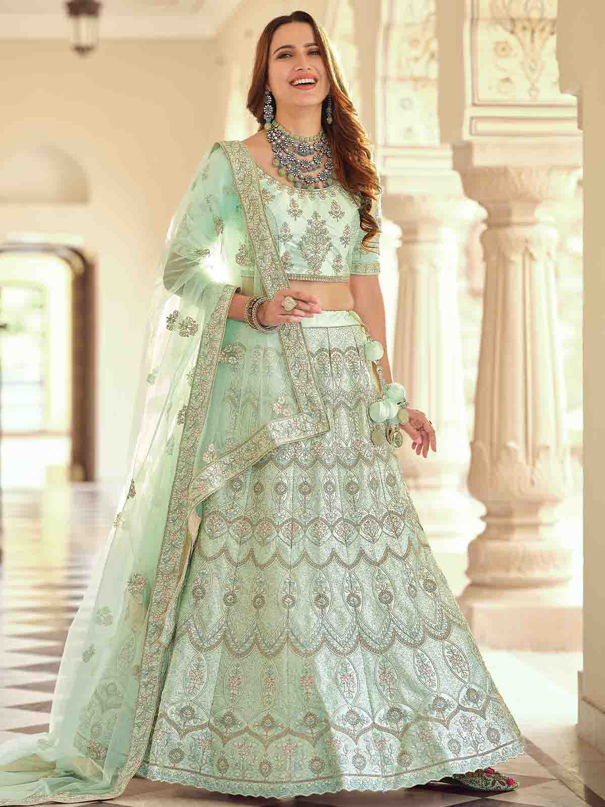 Odette Women Green Embroidered Crepe Semi Stitched Lehenga With Unstitched Blouse