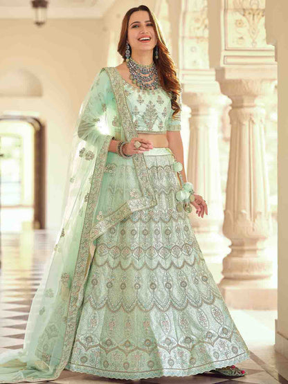 Odette Women Green Embroidered Crepe Semi Stitched Lehenga With Unstitched Blouse