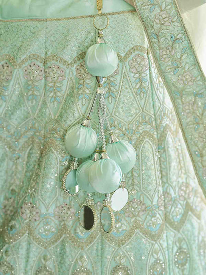 Odette Women Green Embroidered Crepe Semi Stitched Lehenga With Unstitched Blouse