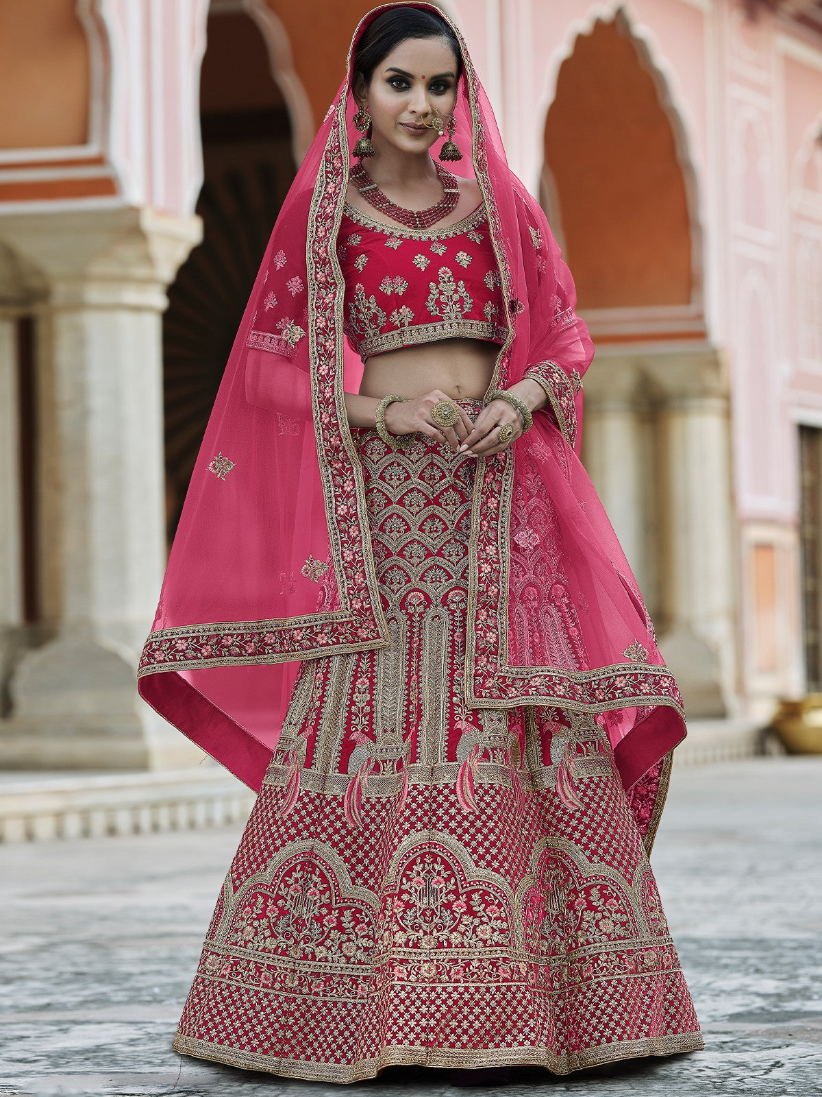 Odette Women Fancy Pink Semi Stitched Lehenga With Unstitched Blouse
