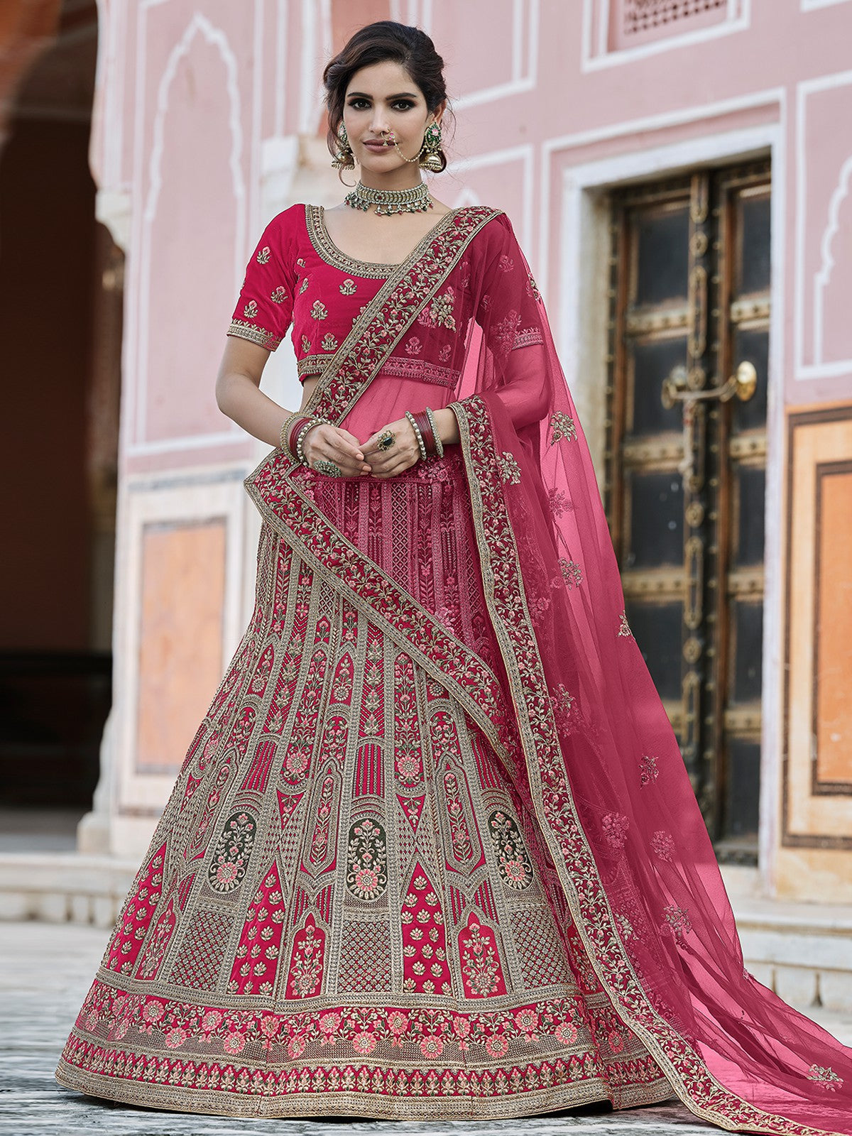 Odette Women Designer Pink Semi Stitched Lehenga With Unstitched Blouse