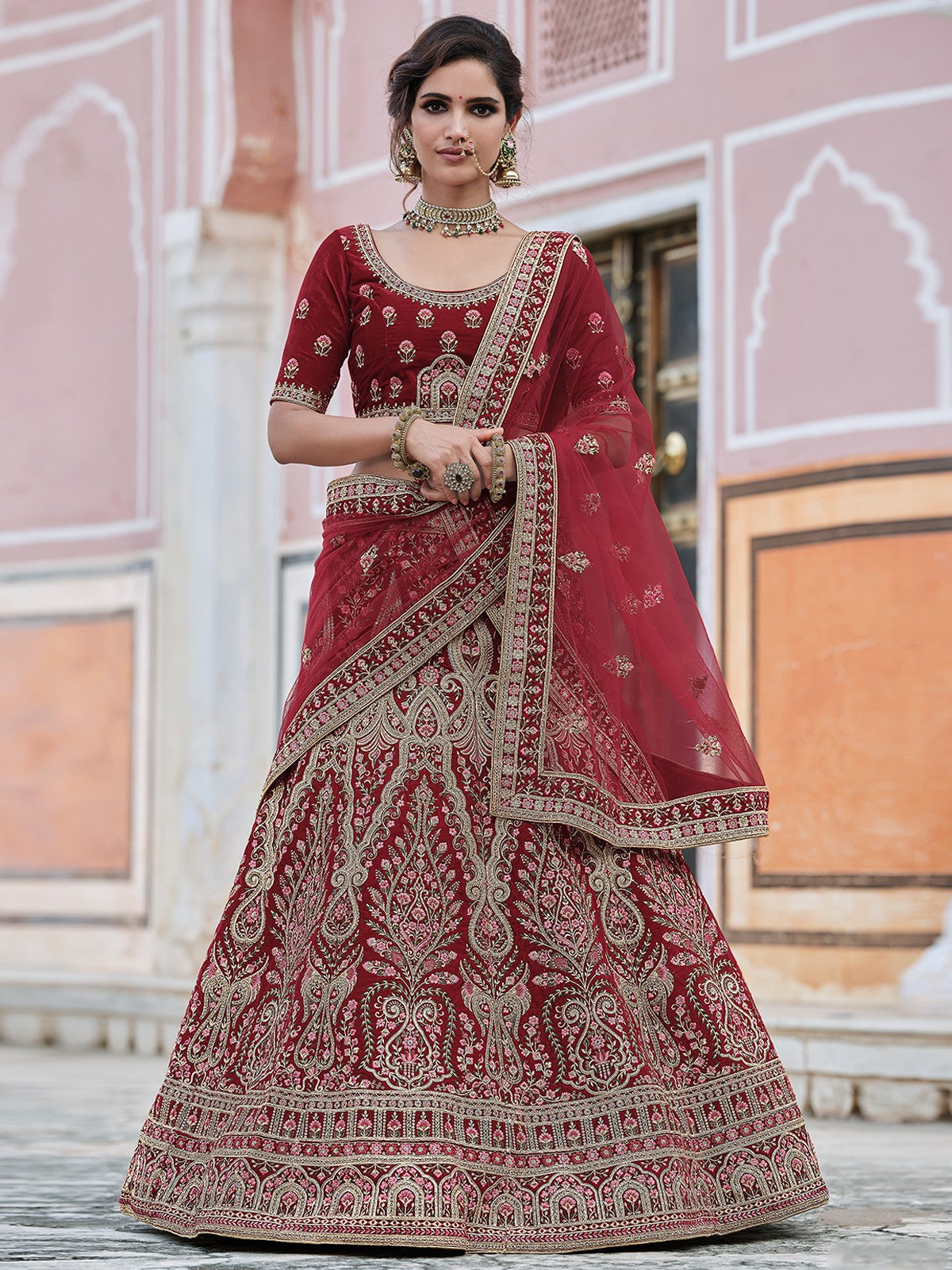 Odette Women Fancy Maroon Semi Stitched Lehenga With Unstitched Blouse