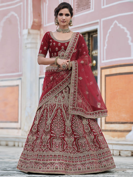 Odette Women Fancy Maroon Semi Stitched Lehenga With Unstitched Blouse