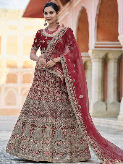 Odette Women Festive Maroon Semi Stitched Lehenga With Unstitched Blouse