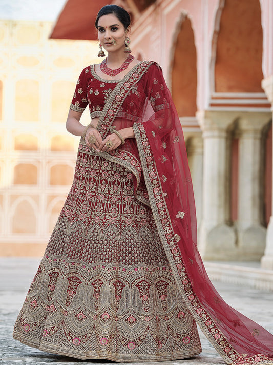 Odette Women Festive Maroon Semi Stitched Lehenga With Unstitched Blouse