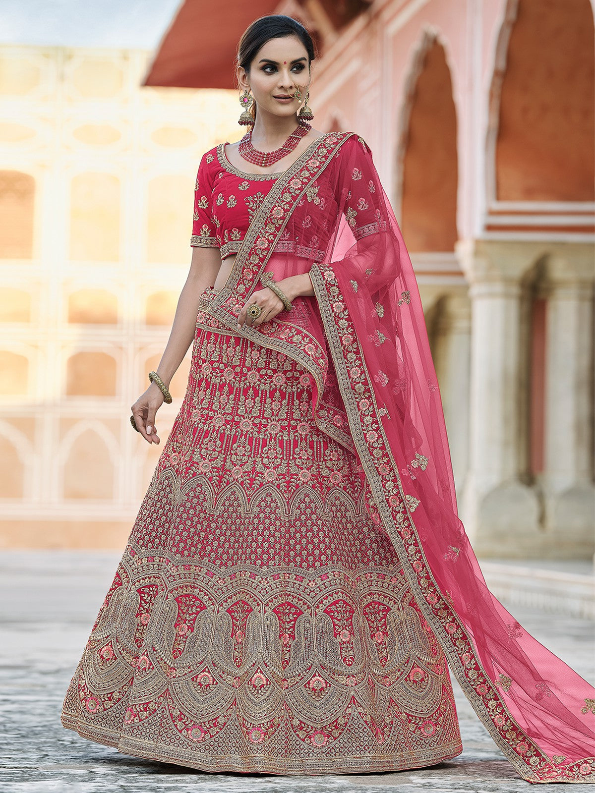 Odette Women Pink Velvet Soft Net Semi Stitched Lehenga With Unstitched Blouse